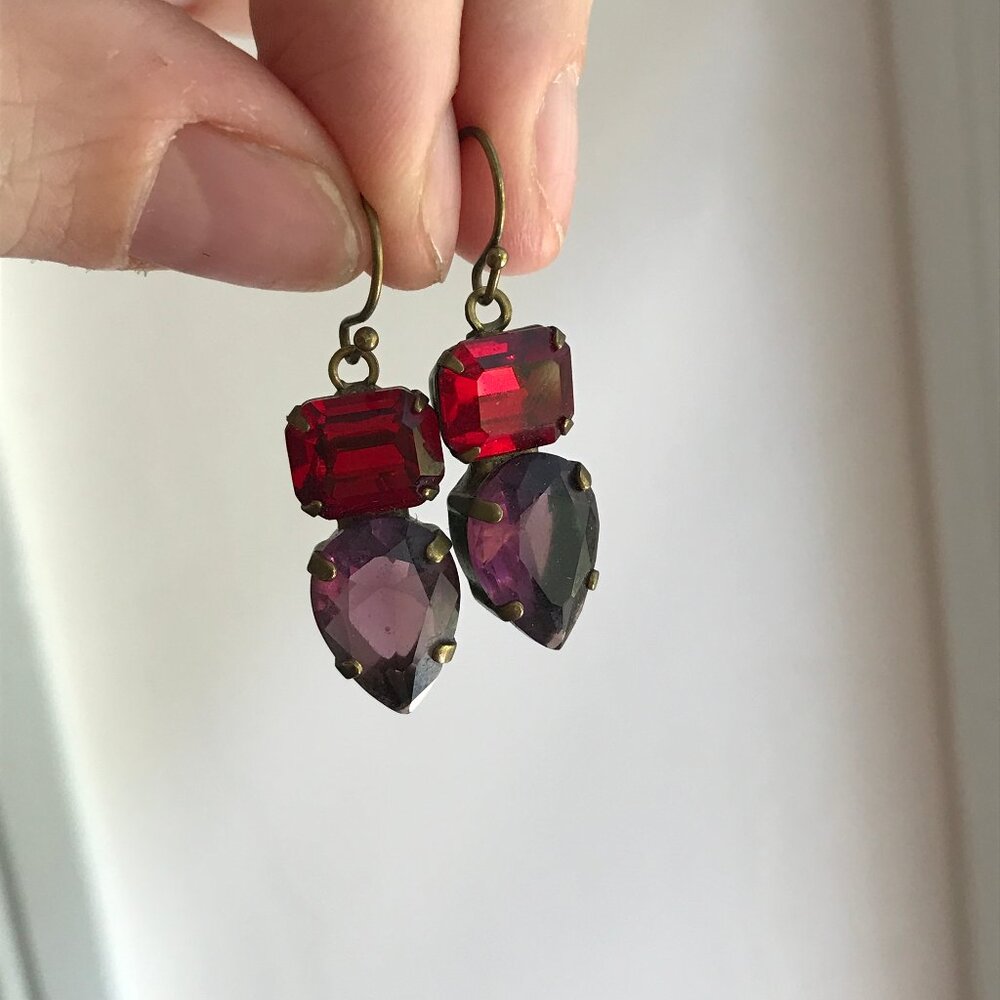 Anthropologie / Sorrelli Red and Purple Crystal Dangle Earrings